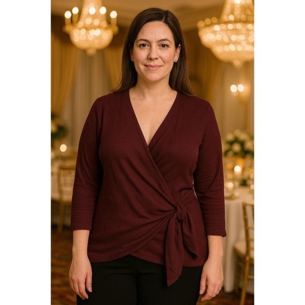 ANN TAYLOR Wrap Shirt Deep V-Neck Women Large Burgundy Formal Event Date Night